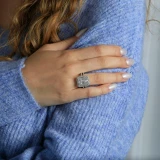 2 CTW Baguette Diamond Vintage Cluster Cushion Halo Cocktail Ring in 18K White Gold (MD190285)