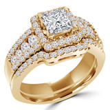 1 2/3 CTW Princess Diamond Three-row Cushion Halo Engagement Ring and Wedding Band Set Ring in 14K Yellow Gold with Accents (MD200454)