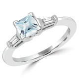 1 CTW Princess Blue Aquamarine & Baguette Diamond Three-Stone V-Prong Cocktail Engagement Ring in 14K White Gold (MD200492)