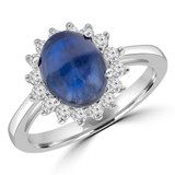 3 1/2 CTW Cabochon Blue Sapphire & Round Diamond Oval Halo Cocktail Engagement Ring in 14K White Gold (MD200534)