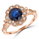 1 2/5 CTW Round Blue Sapphire & Round Diamond Vintage Halo Cocktail Engagement Ring in 14K Rose Gold (MD200536)