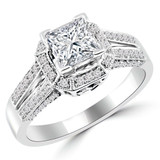 1 CTW Princess Diamond Two-row Split-Shank Cushion Halo Engagement Ring in 14K White Gold with Accents (MD220154)