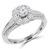 1 1/5 CTW Round Diamond Floral Halo Engagement Ring in 14K White Gold with Accents (MD230096)