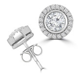 1 CTW Round Diamond Bezel Set Halo Stud Earrings in 14K White Gold (MD230180)