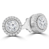 1 CTW Round Diamond Bezel Set Halo Stud Earrings in 14K White Gold (MD230181)