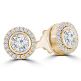 9/10 CTW Round Diamond Bezel Set Halo Stud Earrings in 14K Yellow Gold (MD240023)
