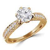 1 CTW Round Diamond Vintage 6-Prong Hidden Halo Tapered Solitaire with Accents Engagement Ring in 14K Yellow Gold (MD240117)