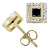 2/5 CTW Princess Black Diamond Bezel Set Halo Stud Earrings in 14K Yellow Gold (MD240310)