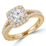 1 1/2 CTW Round Diamond Split-shank Cushion Halo Engagement Ring in 14K Yellow Gold with Accents (MD250032)