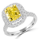 2 7/8 CTW Cushion Vivid Yellow Diamond Cathedral Double Cushion Halo Engagement Ring in 14K White Gold with Accents (MD250036)