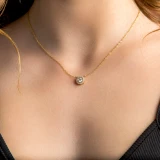 1/2 CTW Round Lab Created Diamond  Bezel set Halo Pendant Necklace in 14K Yellow Gold (MD250115)