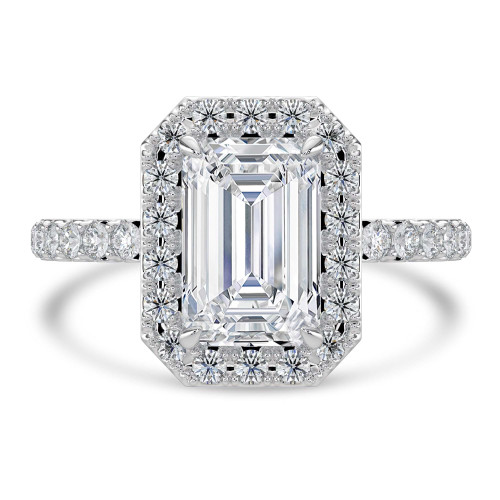 3 1/10 CTW Emerald Lab Created Diamond  Radiant Halo Engagement Ring in 14K White Gold with Accents (MD250202)
