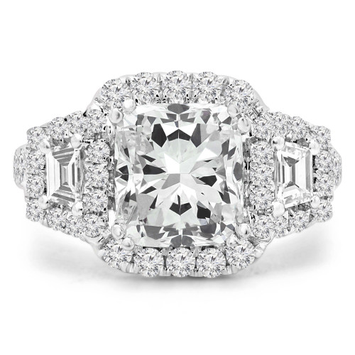 3 3/5 CTW Cushion Lab Created Diamond  Vintage Split-shank Three-stone Halo Engagement Ring in 18K White Gold with Heart Decal Profile (MD250289)
