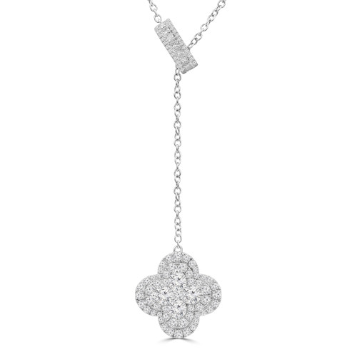 1 4/5 CTW Round Diamond Y-Chain Floral Double Halo Cluster Clover with Oval Link Necklace in 18K White Gold (MD250348)