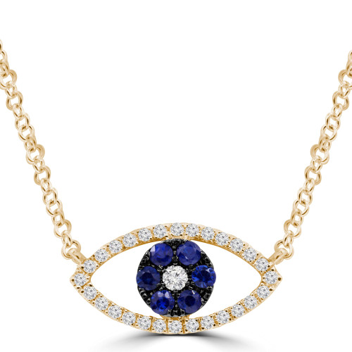 1/3 CTW Round Blue Sapphire  & Round Diamond Symbolic Halo Evil Eye Necklace in 18K Yellow Gold (MD250350)