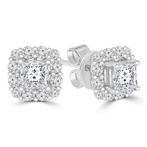 9/10 CTW Princess Diamond Cushion Halo Stud Earrings in 18K White Gold (MD250376)