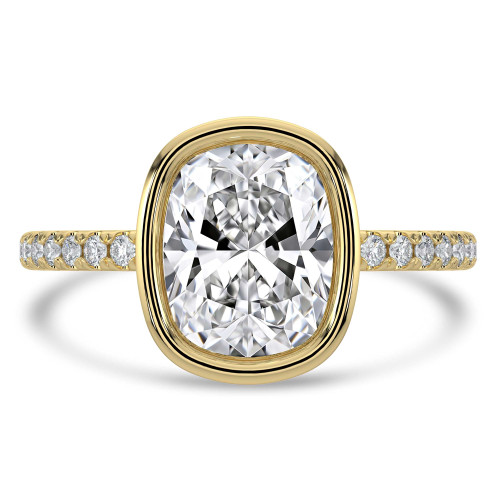 2 1/5 CTW Cushion Lab Created Diamond  Bezel Set Open Bridge Solitaire with Accents Engagement Ring in 14K Yellow Gold (MD250412)