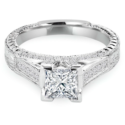 Princess Lab Created Diamond Vintage Cathedral Diamond Accent Bridge and Prongs Solitaire with Accents Engagement Ring in White Gold (MVSLG1047-W)