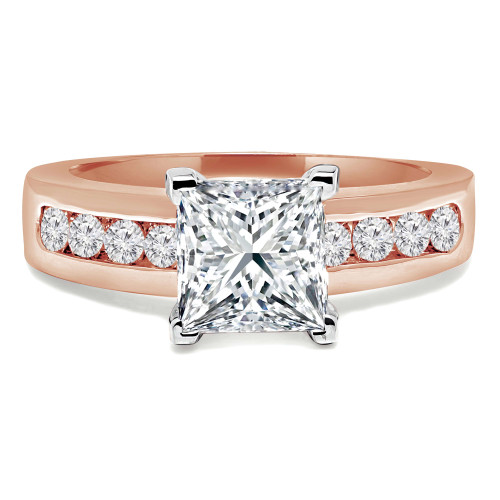 Princess Lab Created Diamond Cathedral V-Prong Solitaire with Accents Engagement Ring in Rose Gold with Channel Set Accents (MVSLG1048-R)