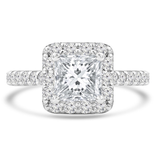 Princess Lab Created Diamond Cathedral Cushion Halo Engagement Ring in White Gold with Accents (MVSLG1262-W)