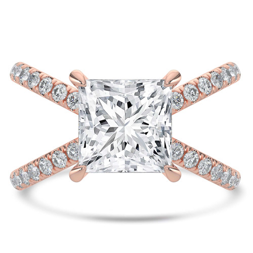 Princess Lab Created Diamond Crossover Split Shank Solitaire with Accents Engagement Ring in Rose Gold (MVSLG1446-R)