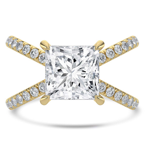 Princess Lab Created Diamond Crossover Split Shank Solitaire with Accents Engagement Ring in Yellow Gold (MVSLG1446-Y)