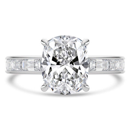 Cushion Lab Created Diamond Hidden Halo Solitaire with Accents Engagement Ring in White Gold with Channel Set Emerald Accents (MVSLG1475-W)