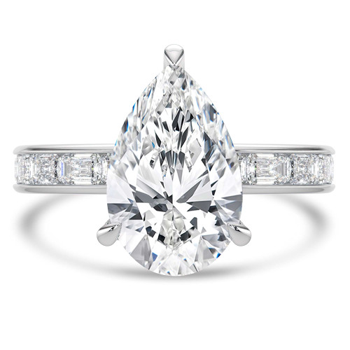 Pear Lab Created Diamond Hidden Halo Solitaire with Accents Engagement Ring in White Gold with Channel Set Emerald Accents (MVSLG1476-W)