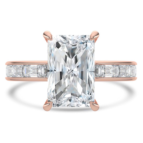 Radiant Lab Created Diamond Hidden Halo Solitaire with Accents Engagement Ring in Rose Gold with Channel Set Emerald Accents (MVSLG1478-R)