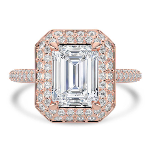 Emerald Lab Created Diamond 4-Prong 3-Row Pave Dome Halo Engagement Ring in Rose Gold (MVSLG1527-R)