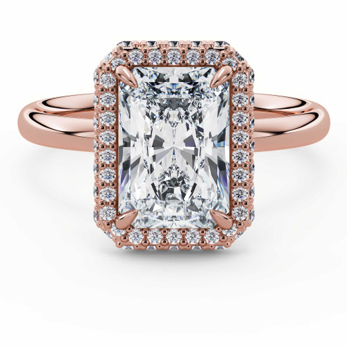 Radiant Lab Created Diamond Shared-prong Radiant Rollover Engagement Ring in Rose Gold with Hidden Accented Basket and Bridge (MVSLG1599-R)