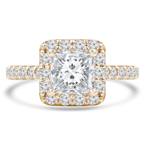 2.23 CTW Princess Lab Created Diamond Cathedral Cushion Halo Engagement Ring With an IGI Certified 1.5 CT VS1 D Center in 14K Yellow Gold with Accents (MVSHE1262-Y)