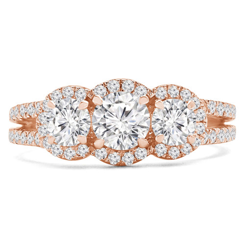 Round Lab Created Diamond Halo Three-Stone Engagement Ring in Rose Gold with Accents (MVSX1017-R)