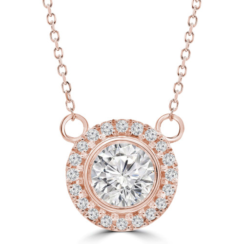 1.12 CTW Round Lab Created Diamond Bezel Set Halo Necklace With an IGI Certified 1 CT VS1 D Center in 14K Rose Gold (MVSNH2001-100-R)