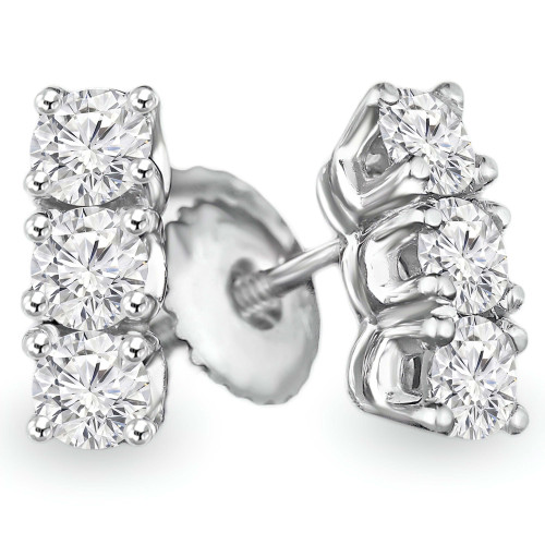 Round Diamond Three-Stone Stud Earrings in 14K White Gold with Screwback (MVSES0006-W)