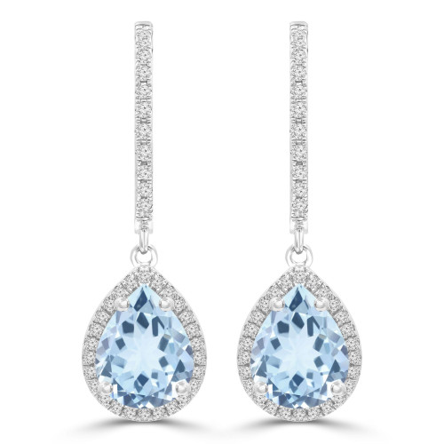2 4/5 CTW Pear Blue Topaz & Round Diamond Pear Halo Drop/Dangle Earrings in 14K White Gold (MDR220068)