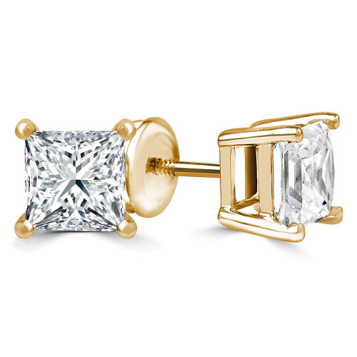 Solitaire Princess Diamond 4-Prong Stud Earrings in 14K Yellow Gold with Screwback (MVSE0003-Y)