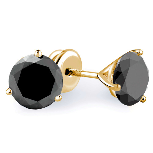 Solitaire Round Black Diamond 3-Prong Martini Stud Earrings in 14K Yellow Gold with Screwback (MVSE0007-Y)