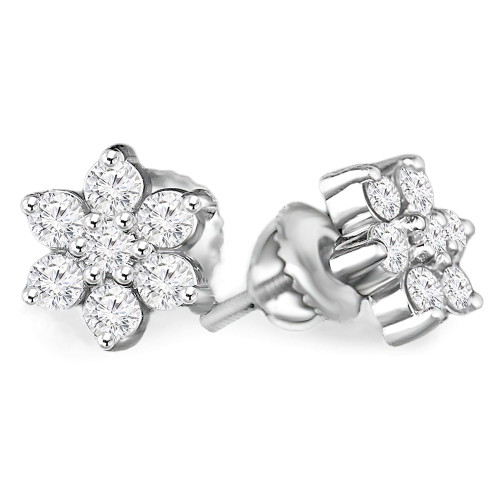 Round Diamond Flower Motif Stud Earrings in 14K White Gold with Screwback (MVSES0004-W)