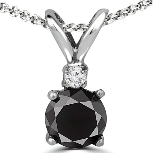 Round Black Diamond 4-Prong Solitaire with Accents Pendant in 14K White Gold (MVSPB0005-W)