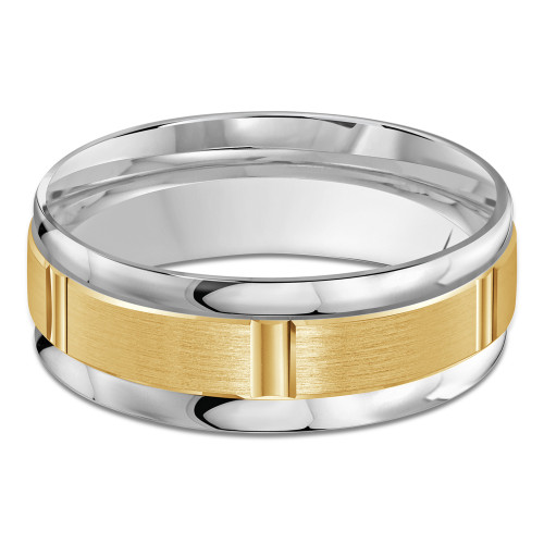 8 MM Satin Finish with High Polish Grooves Modern Mens Wedding Band in Two-Tone White & Yellow Gold (MDVB0816)