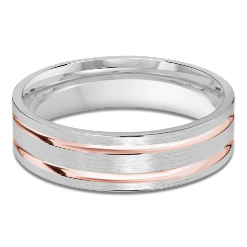 6 MM Satin Finish with High Polish Grooves Modern Mens Wedding Band in Two-Tone White & Rose Gold (MDVB0848)