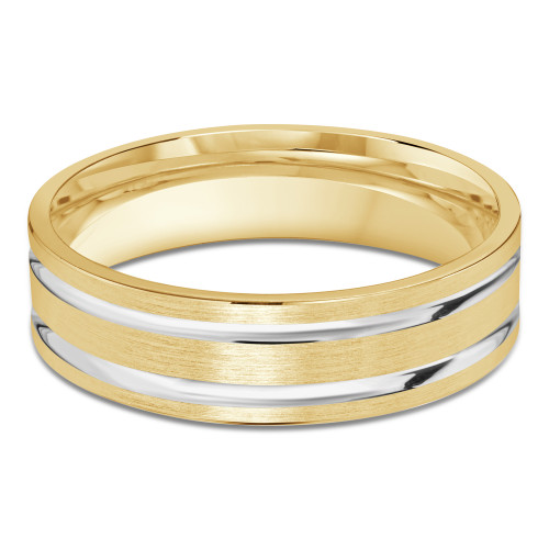 6 MM Satin Finish with High Polish Grooves Modern Mens Wedding Band in Two-Tone Yellow & White Gold (MDVB0849)