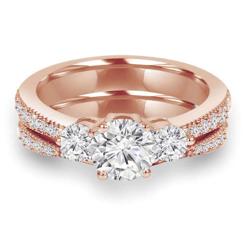 Round Lab Created Diamond Three-Stone Engagement Ring and Wedding Band Set Ring in Rose Gold with Accents (MVSX1011-R)