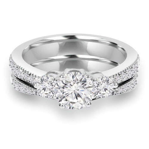 Round Lab Created Diamond Three-Stone Engagement Ring and Wedding Band Set Ring in White Gold with Accents (MVSX1011-W)