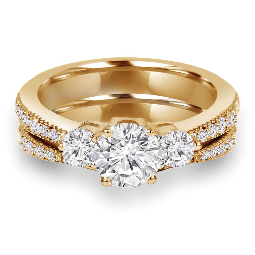 Round Lab Created Diamond Three-Stone Engagement Ring and Wedding Band Set Ring in Yellow Gold with Accents (MVSX1011-Y)