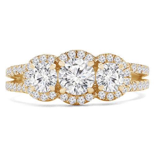 Round Lab Created Diamond Halo Three-Stone Engagement Ring in Yellow Gold with Accents (MVSX1017-Y)