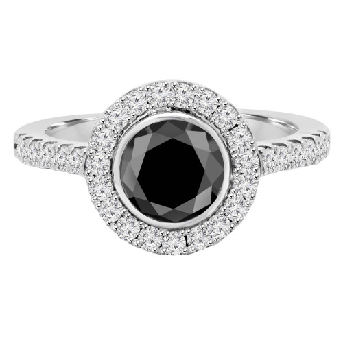Round Black Diamond Bezel Set Round Halo Engagement Ring in White Gold with Accents (MVSB0038-W)