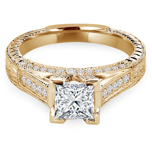 Princess Lab Created Diamond Vintage Cathedral Diamond Accent Bridge and Prongs Solitaire with Accents Engagement Ring in Yellow Gold (MVSLG1047-Y)