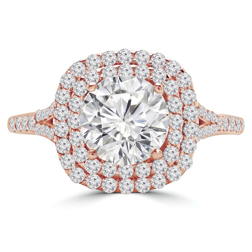 Round Lab Created Diamond Split Shank Cathedral Diamond Bridge Cushion Double Halo Engagement Ring in Rose Gold (MVSLG1067-R)